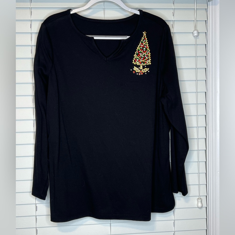 Quacker Factory black elegant embroidered tree long sleeve top